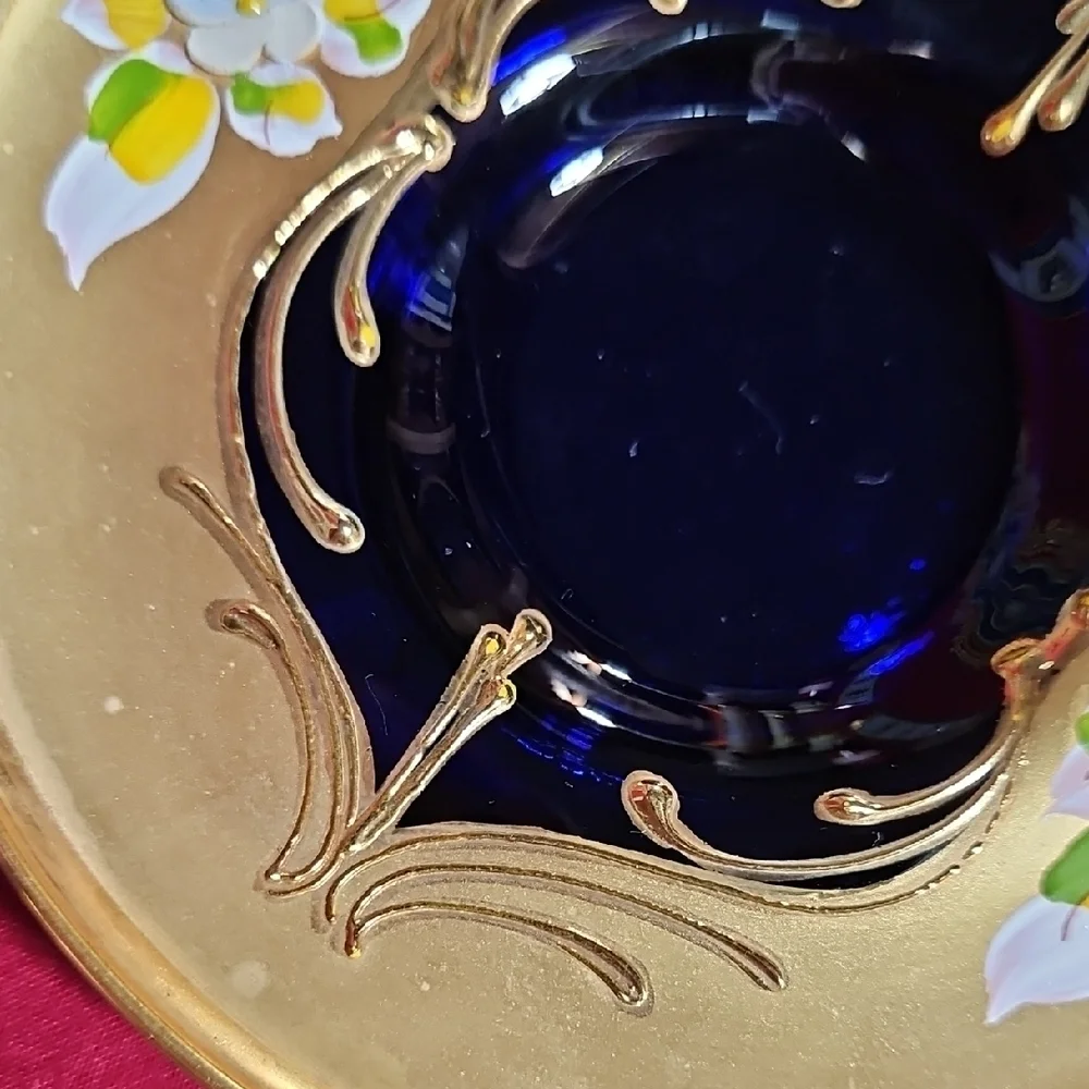 Vintage Venetian Art Glass High Enamel Cobalt Blue Gold Tea Cup Saucer Set of 2